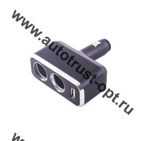 Разветвитель прикуривателя SKYWAY 2 гнезда+USB черный, предохран. 5A,  USB-2A