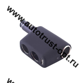 Разветвитель прикуривателя SKYWAY 3 гнезда+USB (черный, предохран. 10A, USB 500mA) 